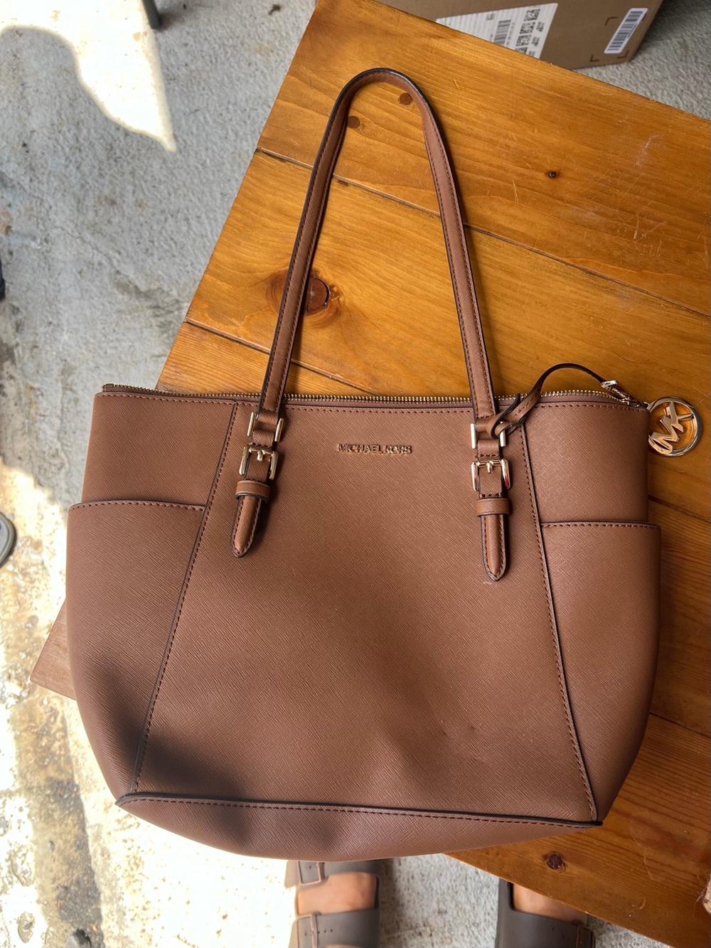 Michael Kors Tan Brown Saffiano Tote with Gold Logo Charm